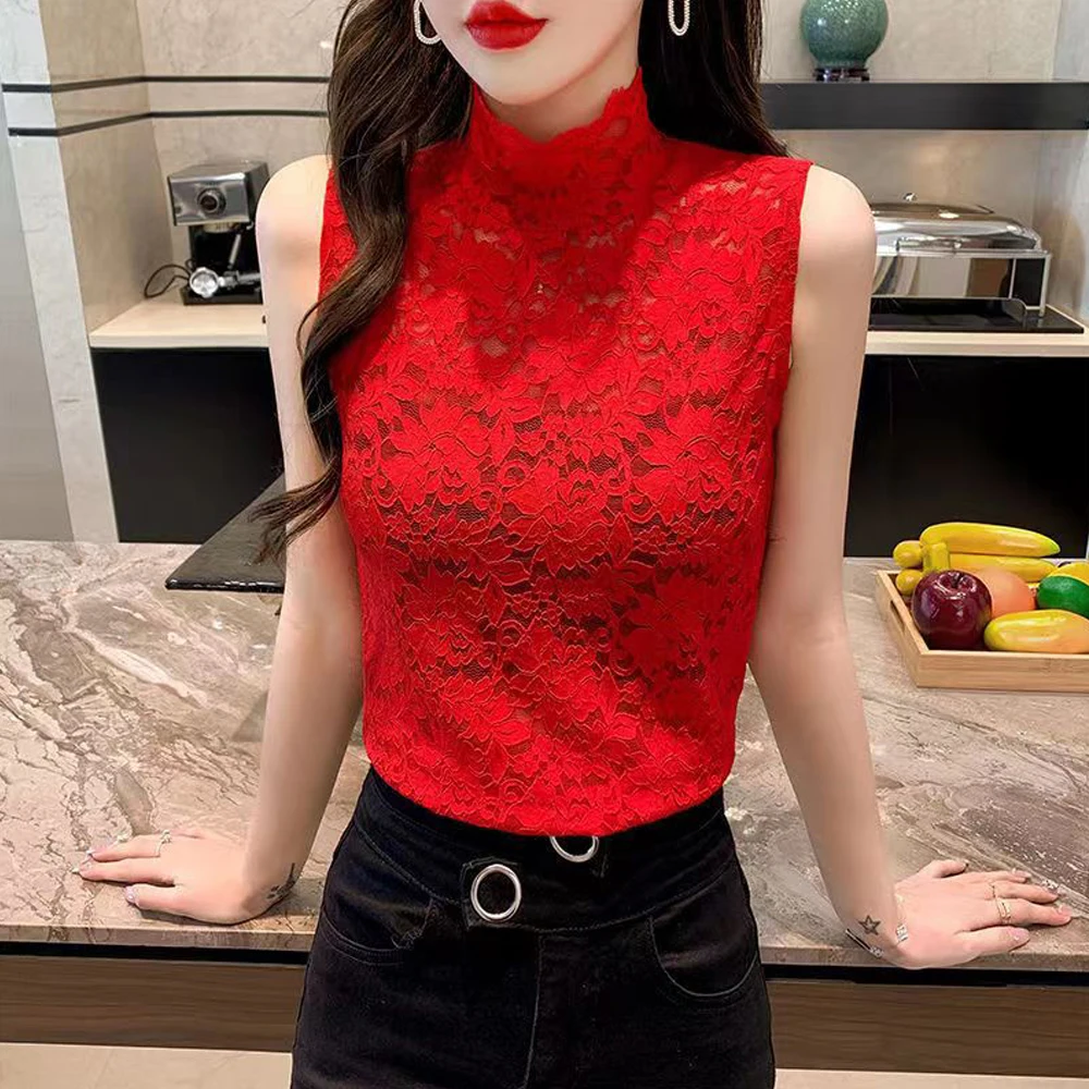 Flower Lace Female Blouses Vest S-XL Spring Summer Elastic T Shirt Girl Rose Lace Turtleneck Sleeveless Women Bottoming Tanks