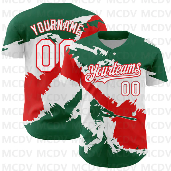 

Custom Kelly Green White-Fire Red 3D Mexico Mexican Flag Authentic Baseball Jersey National pattern printed Baseball Jersey