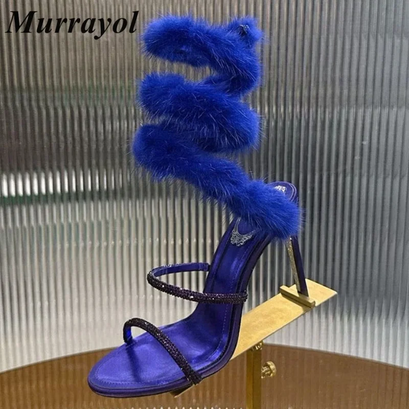 

Sandalias Rhinestone Decor Thin Heels Wedding Shoes Women Fur Decor Snake Shaped Elastic Strap Sandals Summer Dress Shoes Pumps