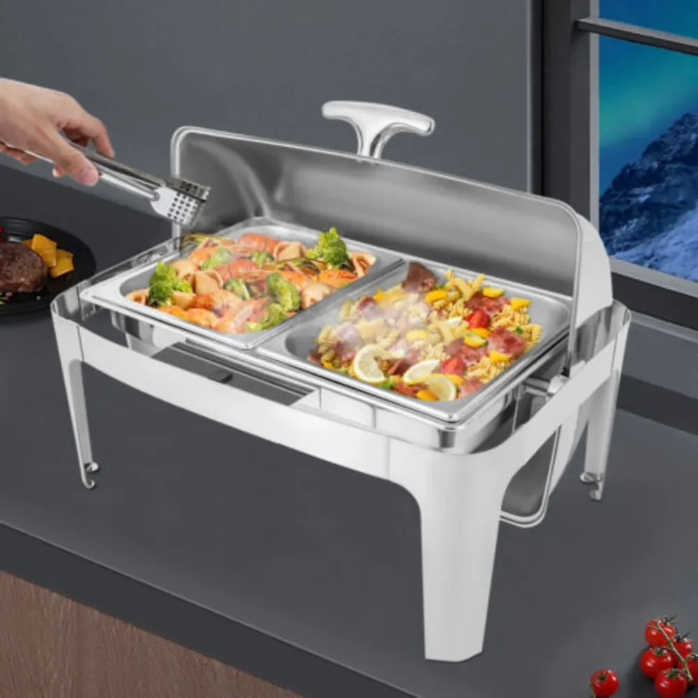 

Bymaocar 9L Stainless Steel Rectangle Chafer Roll Top Chafing Dish Buffet Set Food Warmer W/2*Alcohol Stoves Two Heating Methods