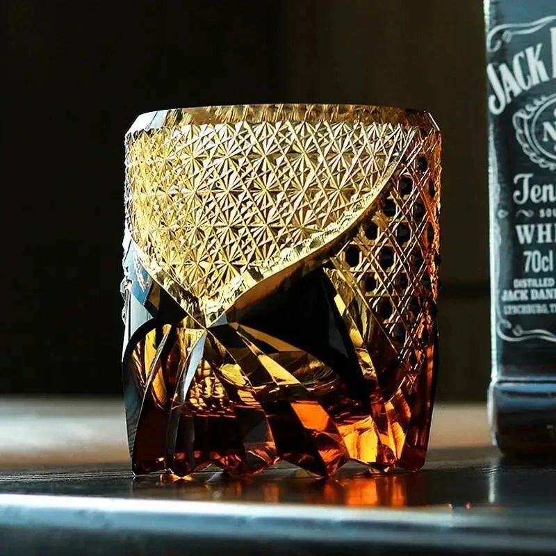 3D Relief Royal Court XO Whisky Tasting Cup Japanese Edo Kiriko Crystal Wine Glasses Manual Diamond Cut Amber Gem Whiskey Glass