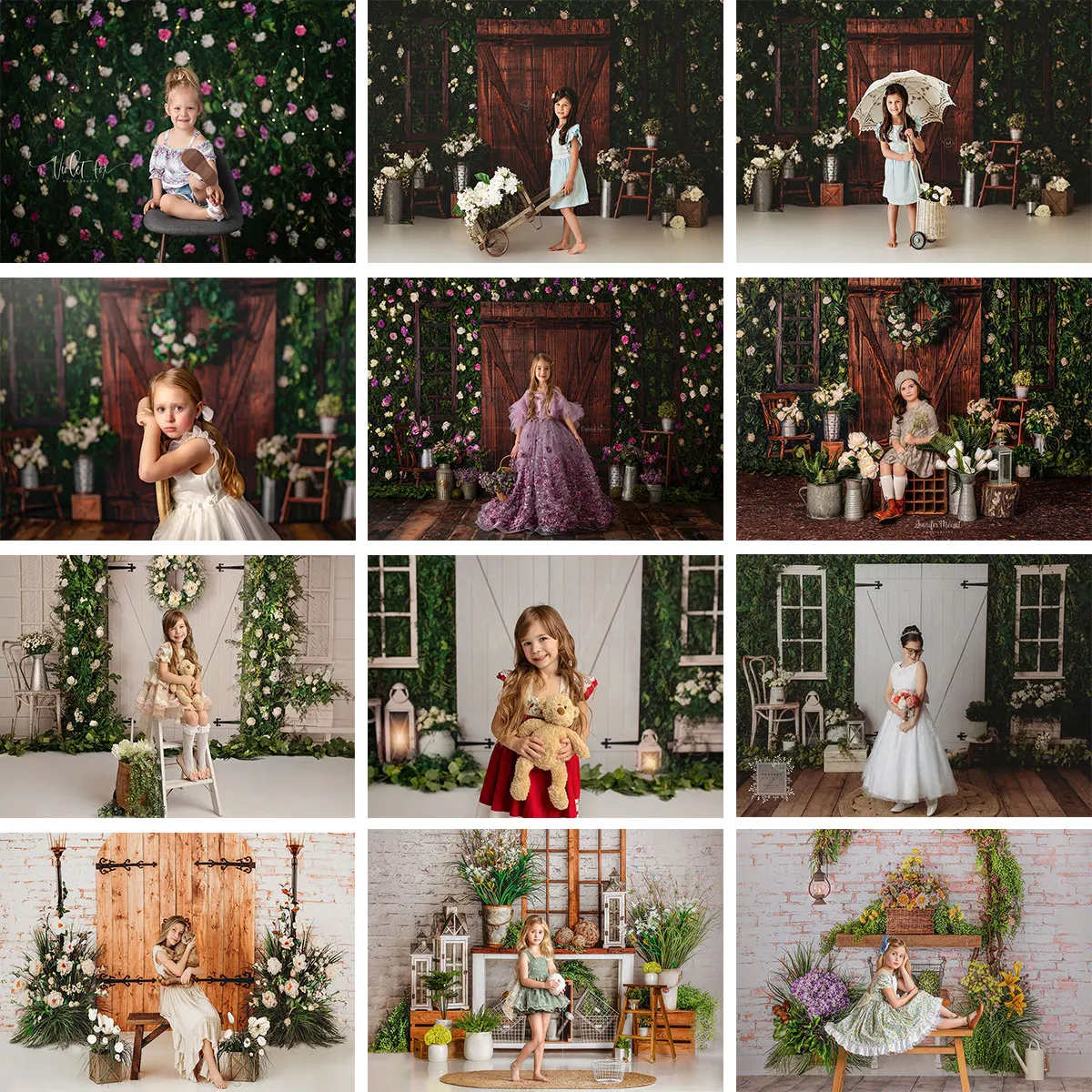 

Spring Garden Photography Backdrop Child Baby Cake Smash Photocall Decors Floral Wooden Gate Girls Photo Studio Backgrounds