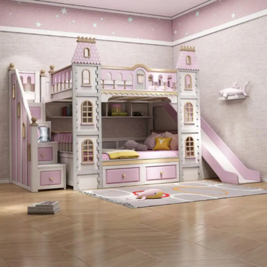 Children's furniture full solid wood children's upper and lower beds high and low beds two-story princess dream castle slide vil