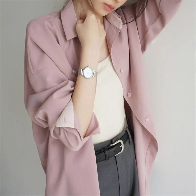 Pink Spring Fresh Contrasting Colors Women Long Sleeved Loose Shirt Pendant Anti Wrinkle Gentle Lapel Collar All-match Tops