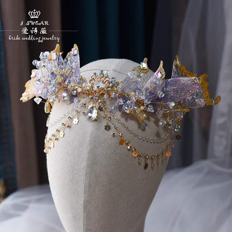 Chinese Wedding Liquid Flower Crystal Mermaid Princess Crown Hair Accessories Hanfu Head Accessories Purple Crystal Headdress