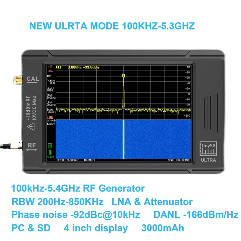 Nuevo analizador de espectro, analizador de espectro pequeño, pantalla Tinysa Ultra de 4 pulgadas con batería de 100Khz a 5,3 Ghz con tarjeta de 32GB