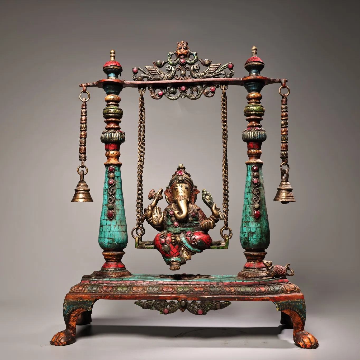 

17"Tibetan Temple Collection Old Bronze Outline in gold Mosaic Gem Turquoise GANESH Sitting Buddha Phoenix Swing Worship Hall