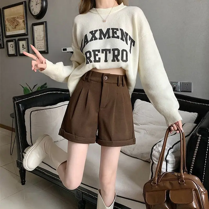 Women Office Lady Summer 2025 Solid Brown Thick High Waist Shorts Korean Style Wide Leg Boot Pants