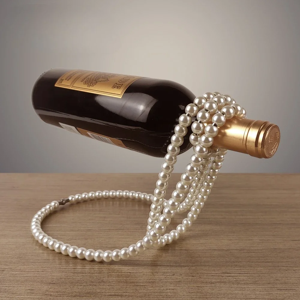 Metal Wine Bottle Holder Creative Artificial Pearl Necklace Floating Rack Display Stand Novelty Single Red Wine Bottle Stand