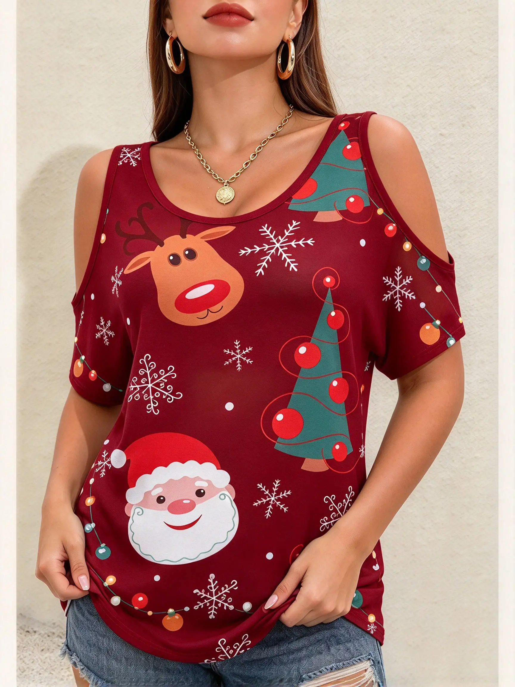 Fashion Women Cold Shoulder Tops Cartoon Christmas Reindeer Print T-shirts Funny 3D Santa Claus Pattern Short Sleeve Loose Tees
