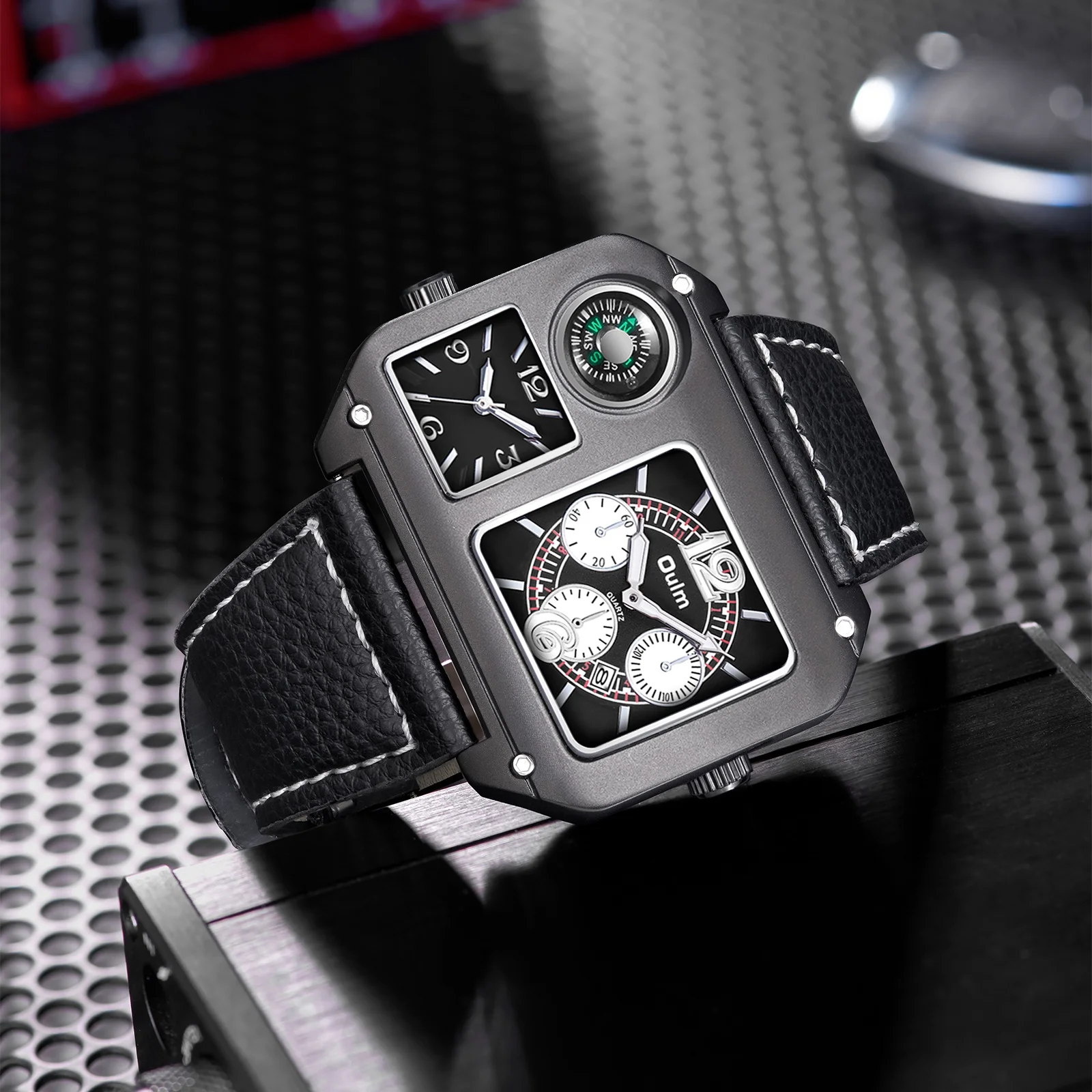 Oulm الأصلي 9150 منطقتين زمنيتين ساعة رياضية كبيرة الحجم كبيرة الحجم ساعة كوارتز رجالية بوصلة مزخرفة ساعات عسكرية للرجال #3