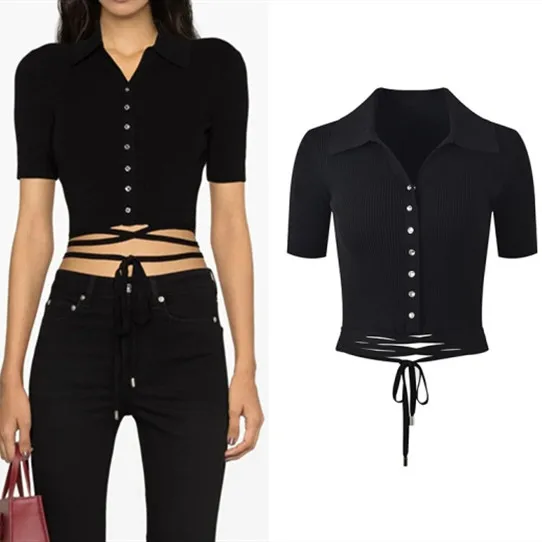

Sexy ort Sexy T-irt Women's Bla V-ne Knot M-home Design Knitted Sweater Top High-end Version European Sle