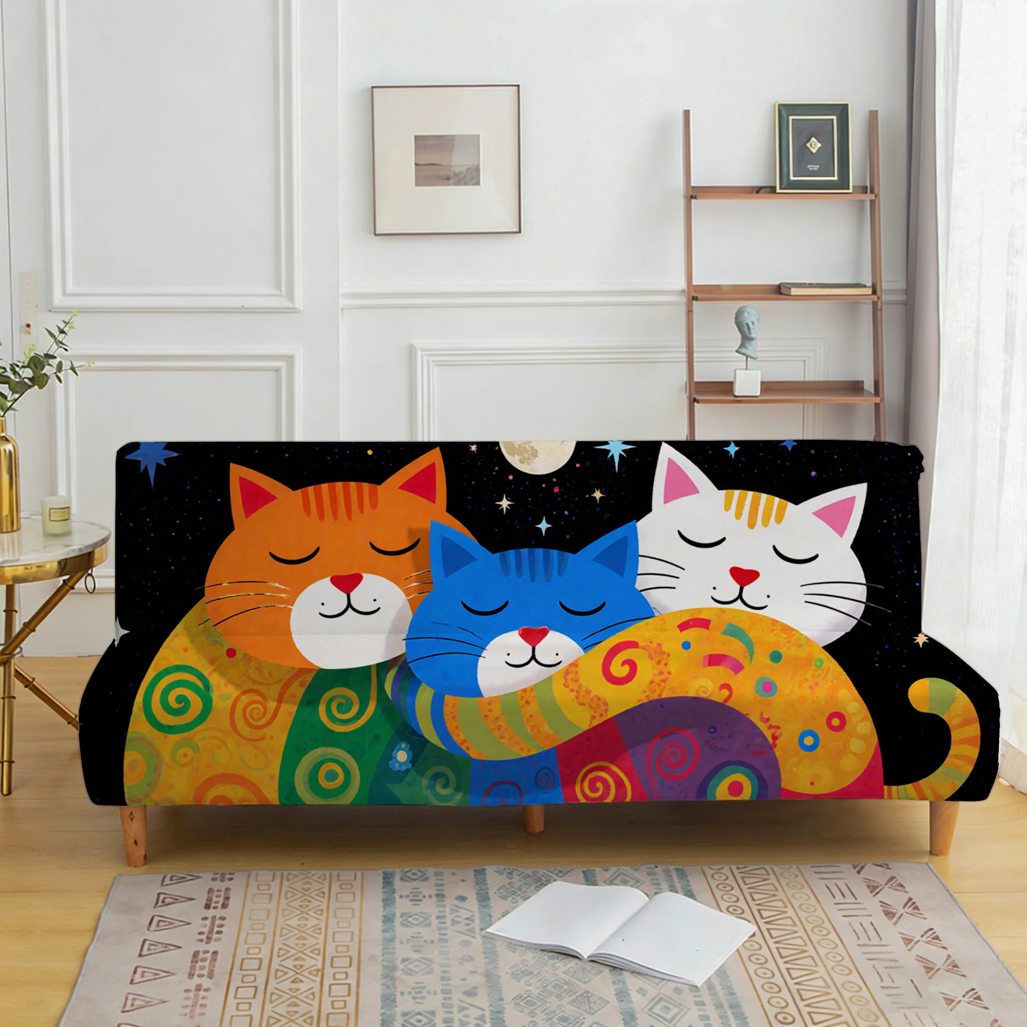 Living room bedroom universal elastic sofa bed cover, cartoon starry sky cat pattern, dustproof machine washable sofa bed cover