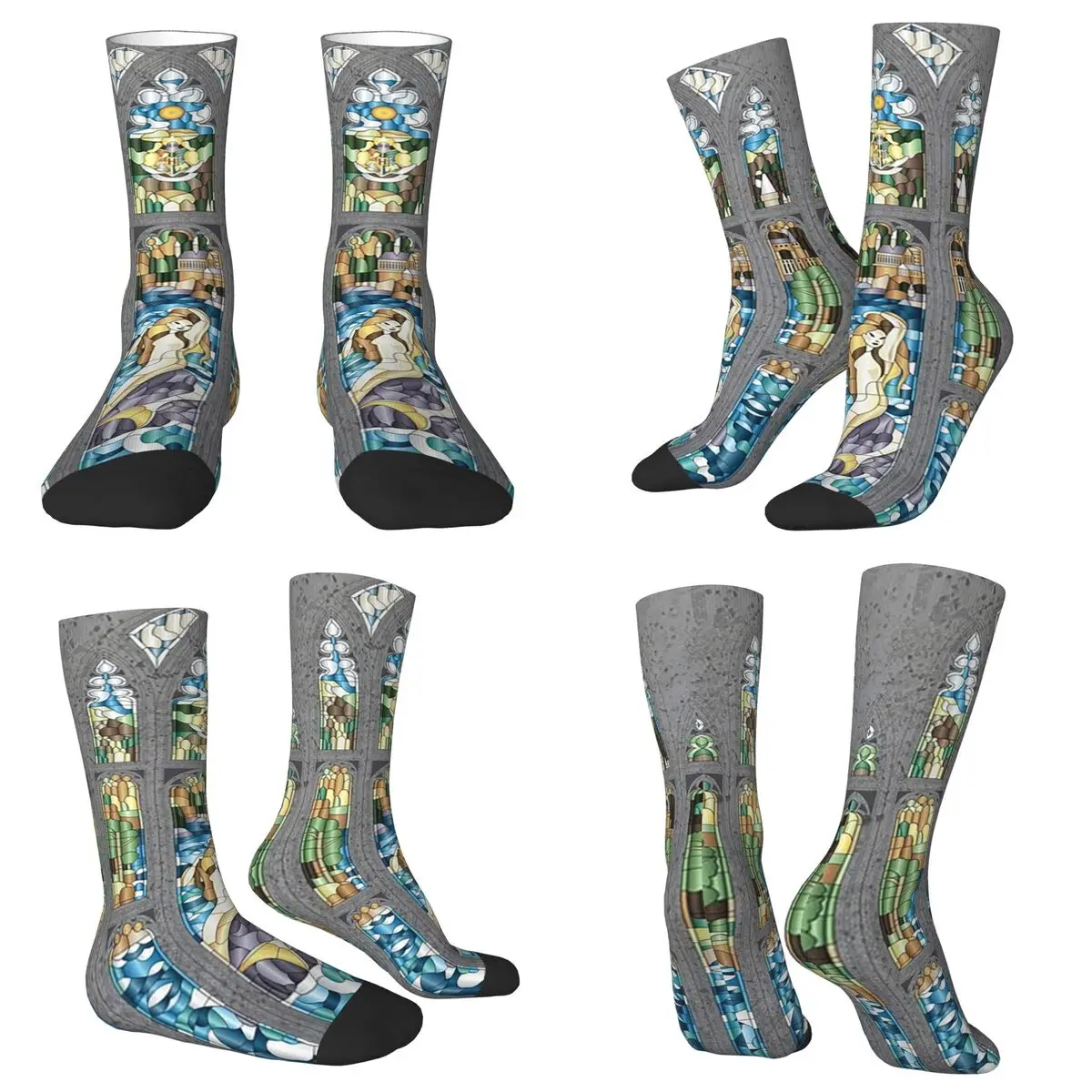 All Seasons Crew Stockings Stained Glass Mermaid Socks Harajuku Long Socks for Men Women Valentine's Day Gifts