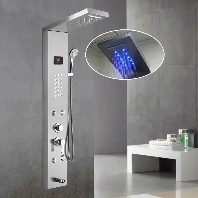 Luxury Black Color Thermostatic Led Rain Shower Head Bathroom Stainless Steel Wall Mounted Waterfall Shower Panels