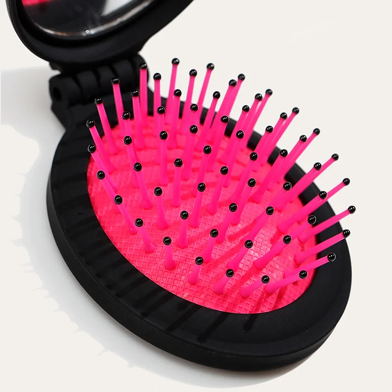 1 Pcs New Girls Portable Mini Folding Comb Airbag Massage Round Travel Hair Brush with Mirror Cute Oval Shape Party Gift