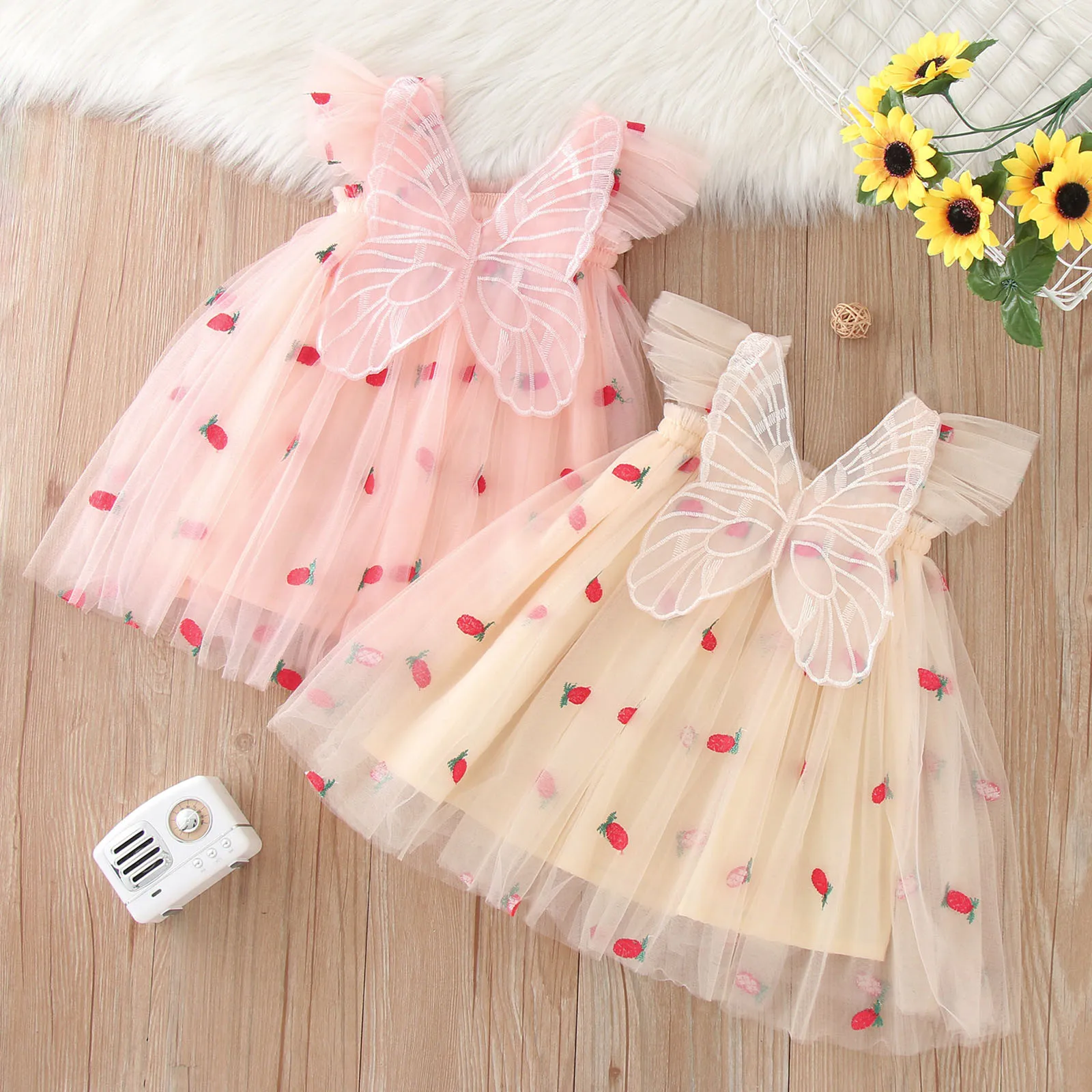 Baby Butterfly Dress with wings Cute Girl Embroidery Strawberry Summer New in Dresses Newborn Tulle Clothes For Party Birthday