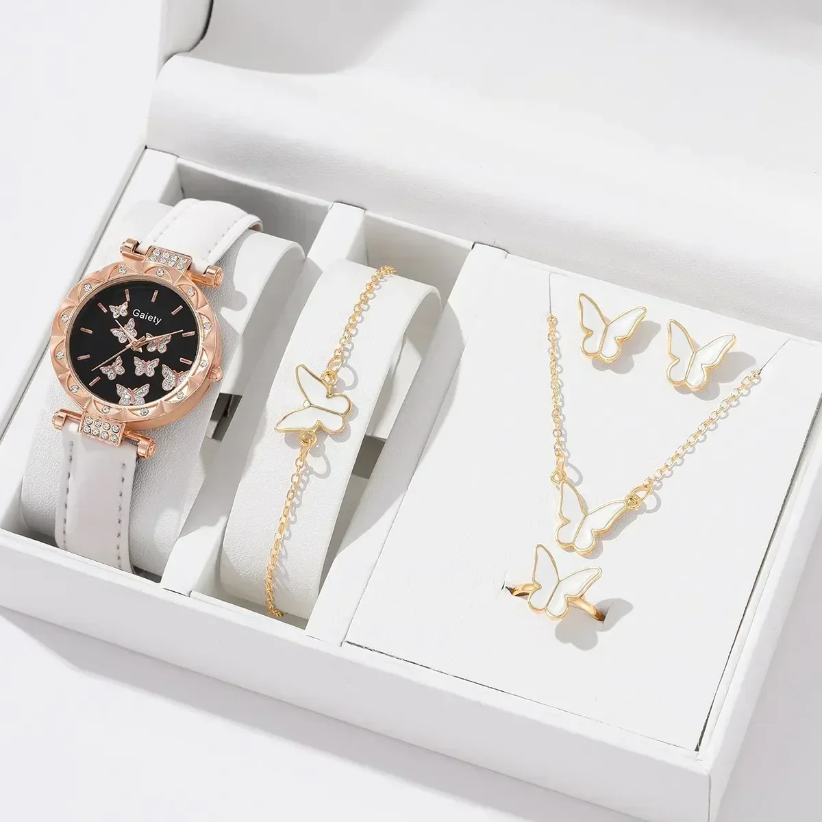 

Women Fashion Jewelry Set 6/1Pcs Butterfly Leather Quartz Watch Ring Necklace Earrings Bracelet (Without Box)