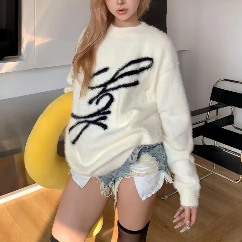 

Casual American Letter Knitted Pullovers Autumn Winter Loose O-Neck Women's Clothing Long Sleeve Stylish Jacquard Weave Sweaters