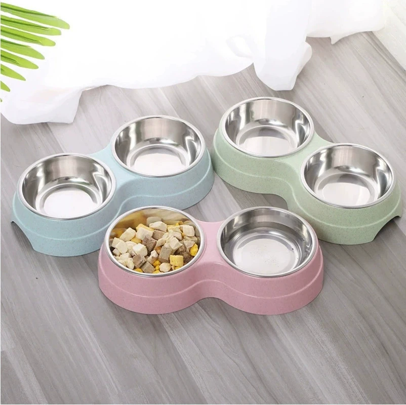 1pc Stainless Steel Double Dog Bowls with Non-Slip Base, Detachable Pet Food & Water Bowls for Small Medium Dogs Cats, 4 Colors