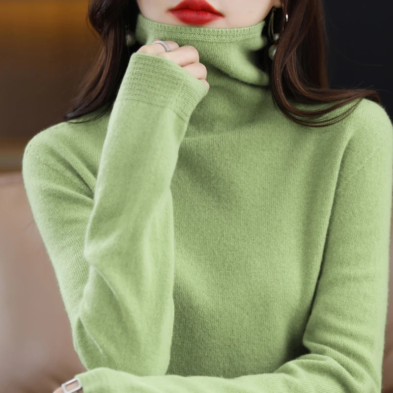 Autumn/Winter Women\'s Turtleneck Sweater 100% Merino Wool 2024 New Women\'s Solid Color Pullover Sweater Solid Basic Sweater