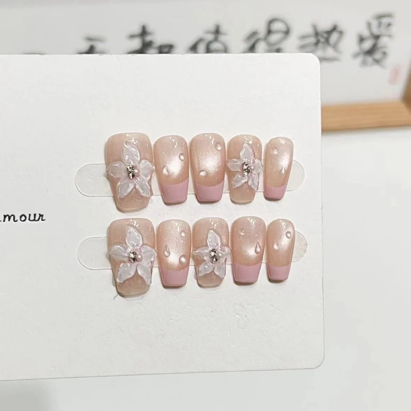 10 PZ Nude Cat Eye Glitter Breve Bara Fatta A Mano Presse sulle Unghie Copertura Completa Dolce Bowknot Unghie Artistiche Artificiali Indossabili Unghie Finte