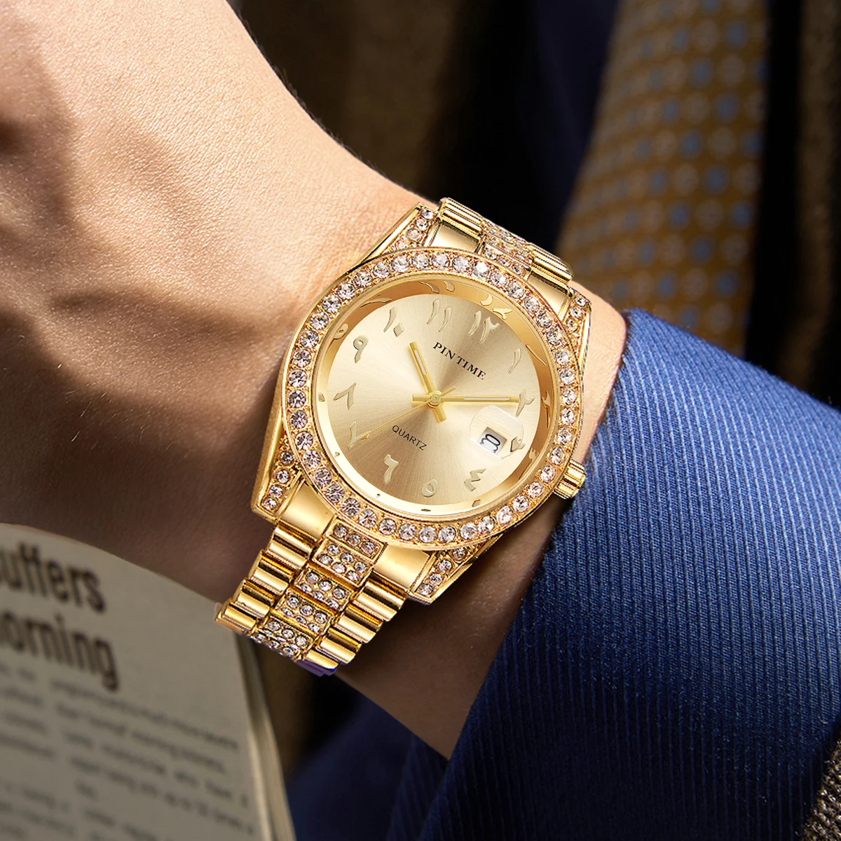 

Мужские часы PINTIME с бриллиантовым ободком, модные деловые темпераментные водонепроницаемые и светящиеся мужские кварцевые часы