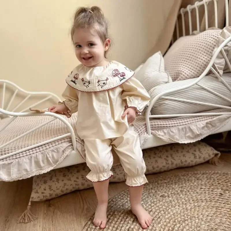 

2024 Baby Home Clothes Two Piece New Sets Girls Children Cartoon Pajama Suit Cute Embroidered Clothing Cotton Autumn Clothing