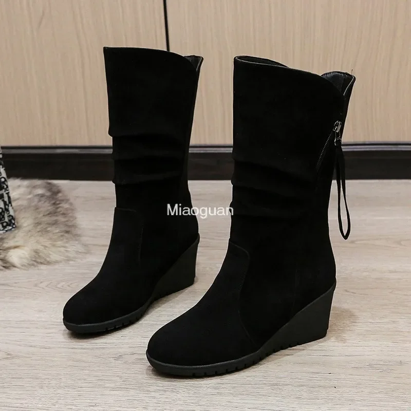 Vintage Faux Suede Wedge Ankle Boots for Women\'s 2024 Autumn Winter Warm Plush Flat Heels Short Boots Woman Slip on Cowboy Botas