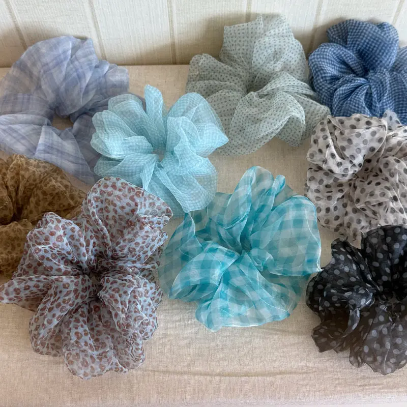 

Organza Scrunchie Polka Dot Plaid Blue Tone Hair Tie for Messy Bun Sweet Cute Korean Style Elegant Lightweight Daily Use
