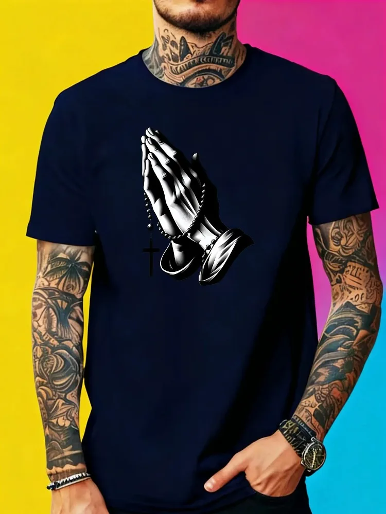 Men Faith Praying Hands Cross Rosary Print Cotton Crew Neck Tee Religious Believer Casual Summer Soft Daily Basic Short Sleeve