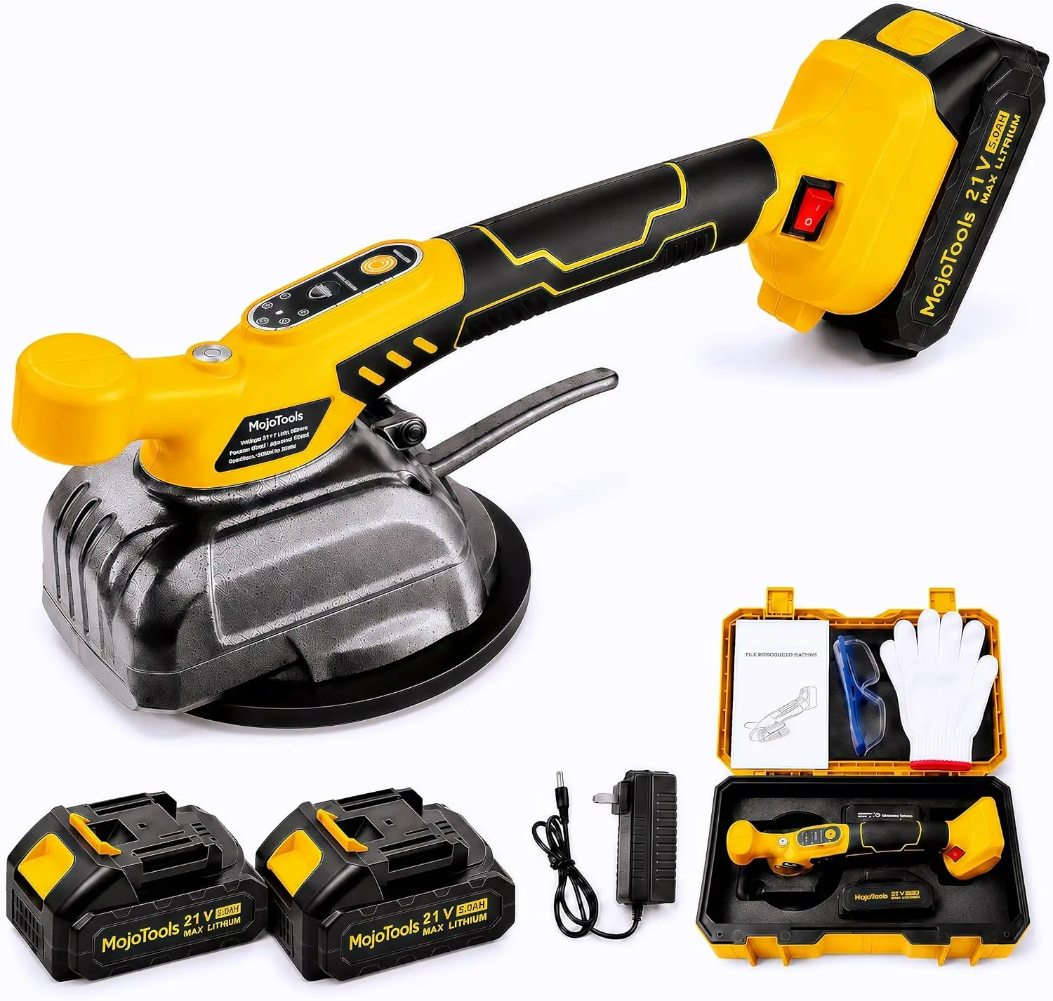 Cordless Tile Vibration Leveling Machine, 21V Tile Vibrator with 14 cm Suction Cup, 6-Speed Control, 2×2.0Ah Lithium-Ion Batteries, Charger and Carrying Case for Floor