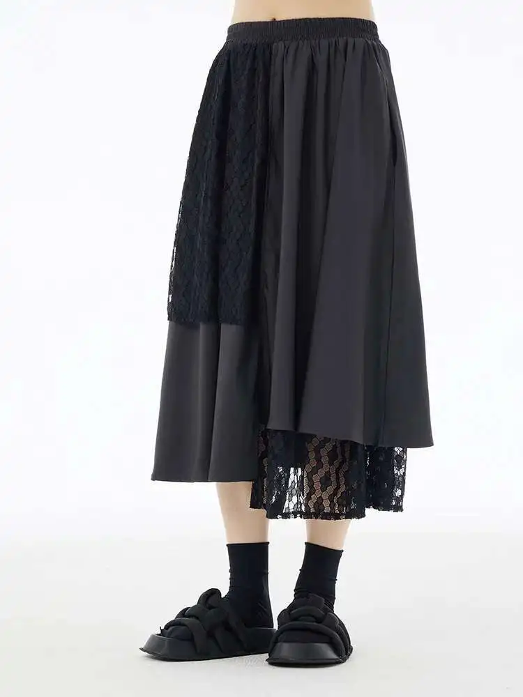 

High Elastic Waist Gray Color-block Lace Pocket A-line Half-body Skirt Women Fashion Tide New Spring Autumn
