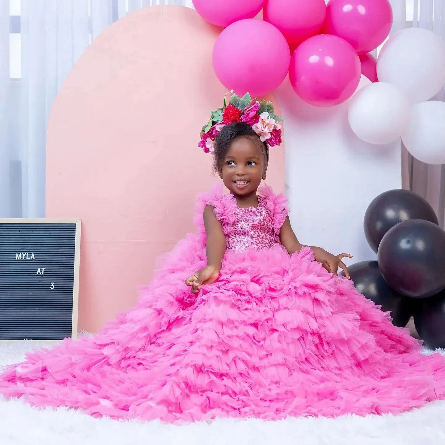 Customized Pink Flower Girl Dresses For Wedding Layered Sparkly Sequins Floor Length Child Party Formal Events Birthday Gown