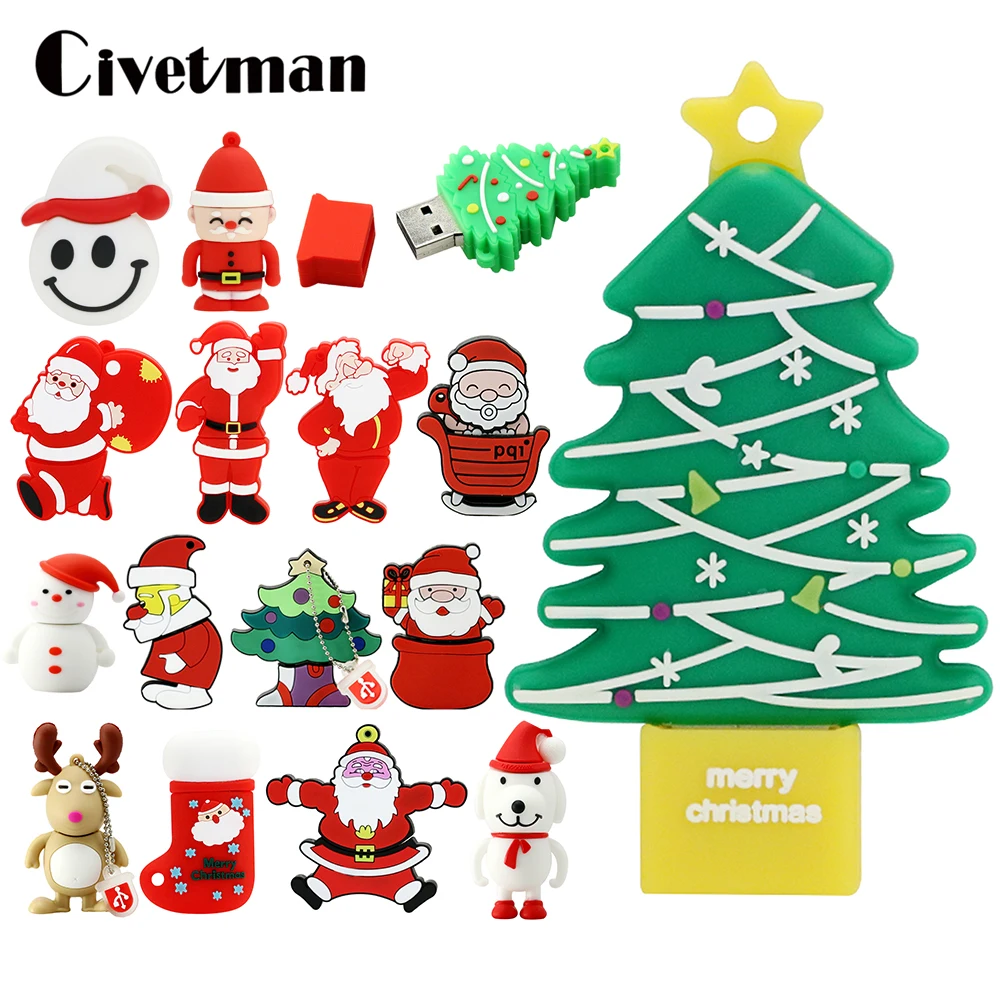 USB Flash Drive 128GB Pen Drive Cartoon Snowman Elk Sock Christmas Tree 16G 32G 64G Santa Claus Pendrive 256GB Memory Stick Gift