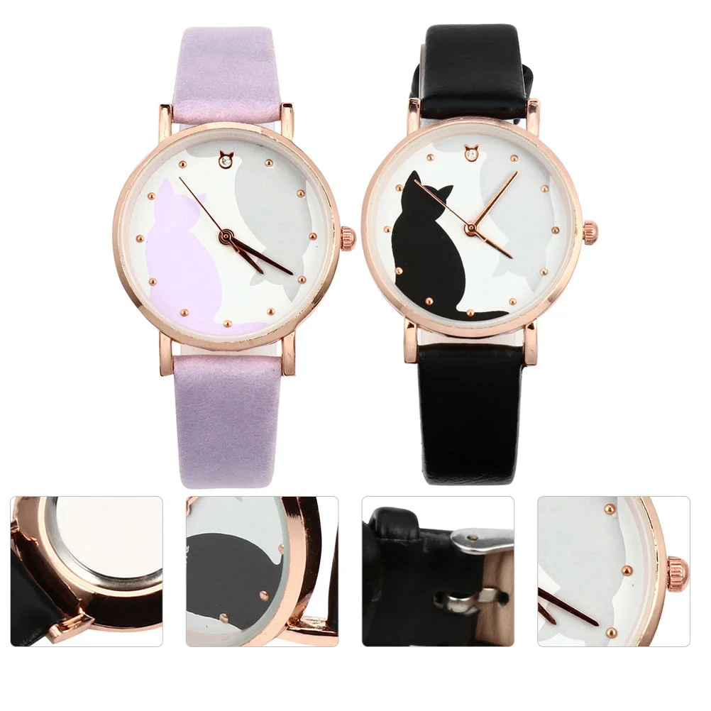

2 Pcs Silver Watch Cartoon Cat Wristwatch Cute Harajuku Style Rectangle Watches for Women Girls