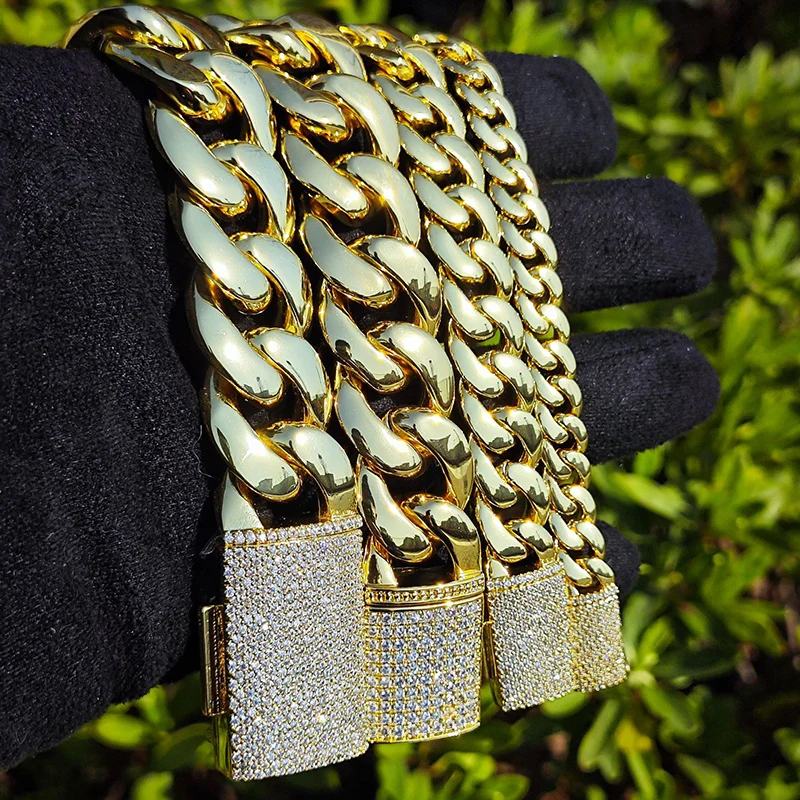 8-22mm wide Hip Hop 5A+ CZ Stone Bling Iced Out Round Cuban Link Chain Necklace for Men Rapper Jewelry Rose Gold Silver Color
