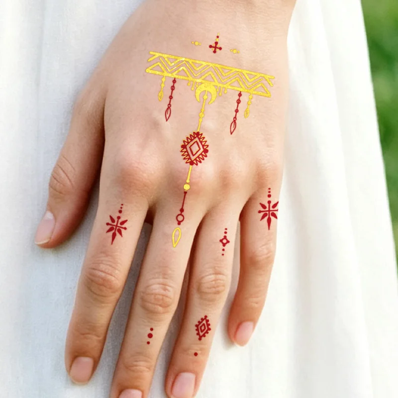 Henna Gold Foil Temporary Tattoos, Long-Lasting Waterproof & Skin-Friendly New Technology, Weddings, For Women, Arm, Leg.
