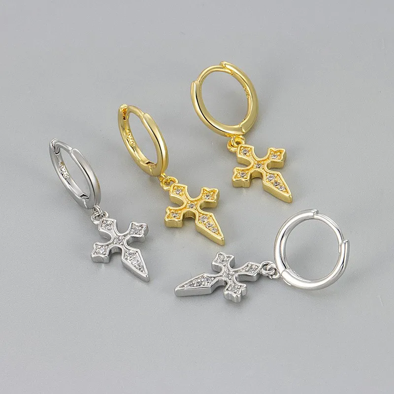 Silver Color Rhinestone Cross Pendant Hoop Earrings for Women Men Awesome Hiphop Earring Party Jewelry Gifts Wholesale