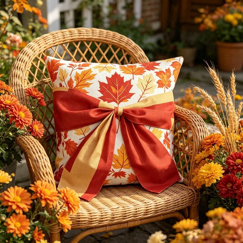 Fall Maple Leaf Print Throw Pillow Cover Bow Pattern Autumn Harvest Decor Cushion Case for Sofa Couch Home Decor