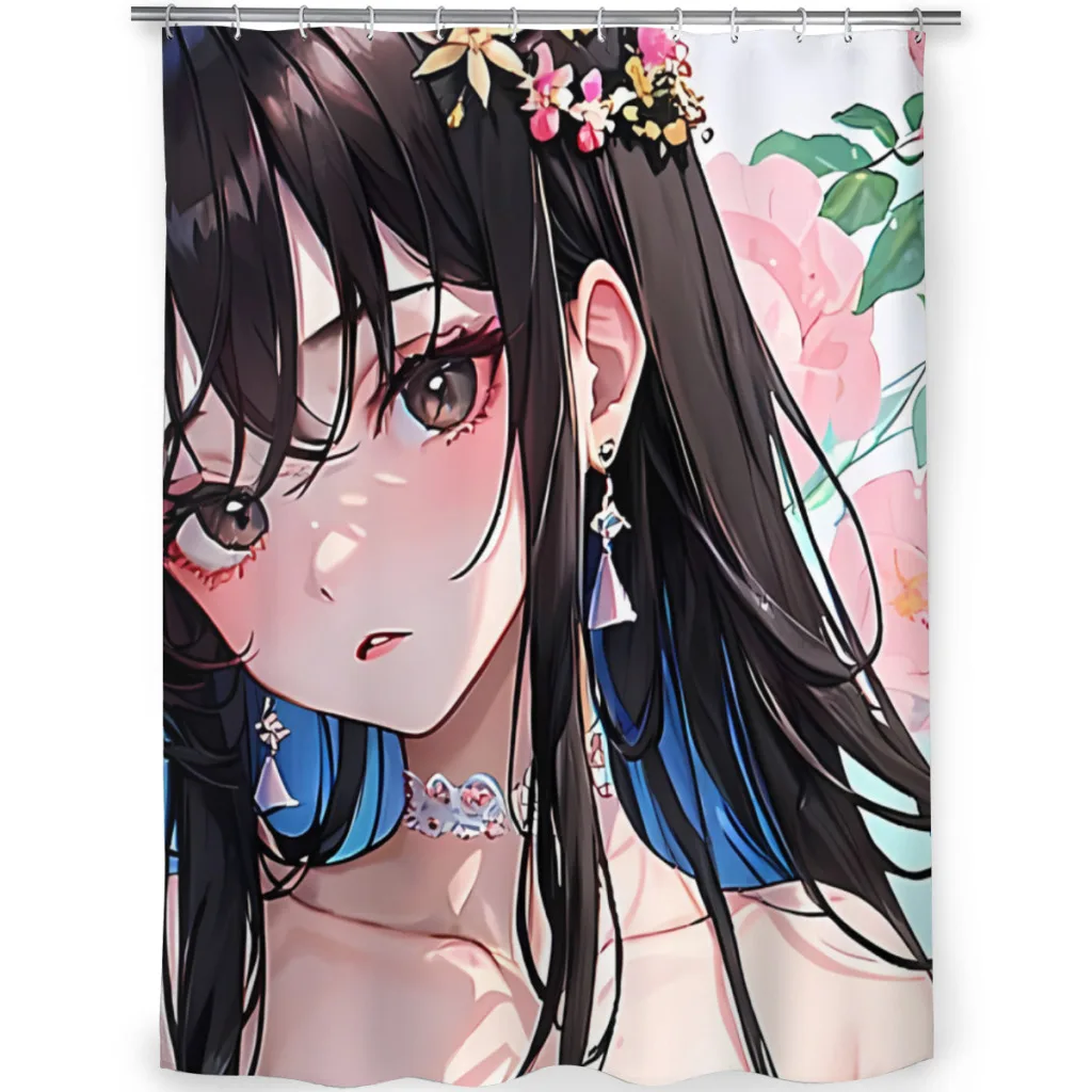 Cute Black-Haired Anime Girl Bathroom Shower Curtains Anime Girl Waterproof Partition Curtain Designed Home Decor Accessories