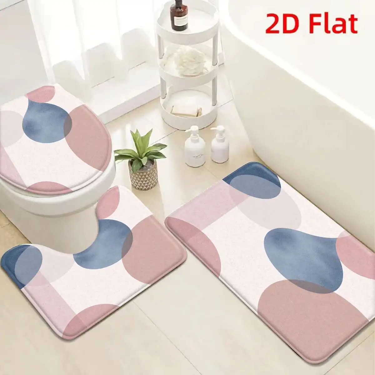 

3Pcs Abstract Circle Pattern Bath Mat Non Slip Absorbent Toilet Rug with Lid Cover for Bathroom Washable Flannel Pink Blue Beige