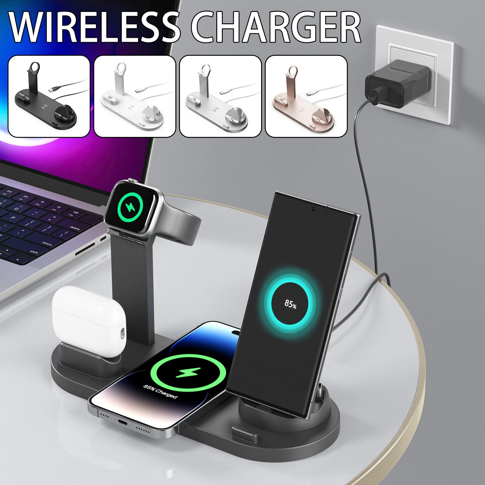 15W 4 In 1 Wireless Charger Stand For iPhone 16 15 14 13 X Samsung Galaxy S22 S21 Apple Watch Airpods Fast Charging Dock Station