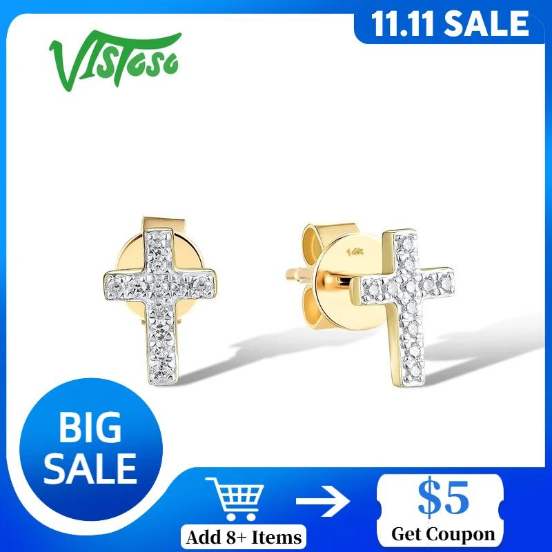 

VISTOSO Authentic 14K 585 Yellow Gold Stud Cross Earrings For Women Sparkling Diamonds Dainty Wedding Anniversary Fine Jewelry