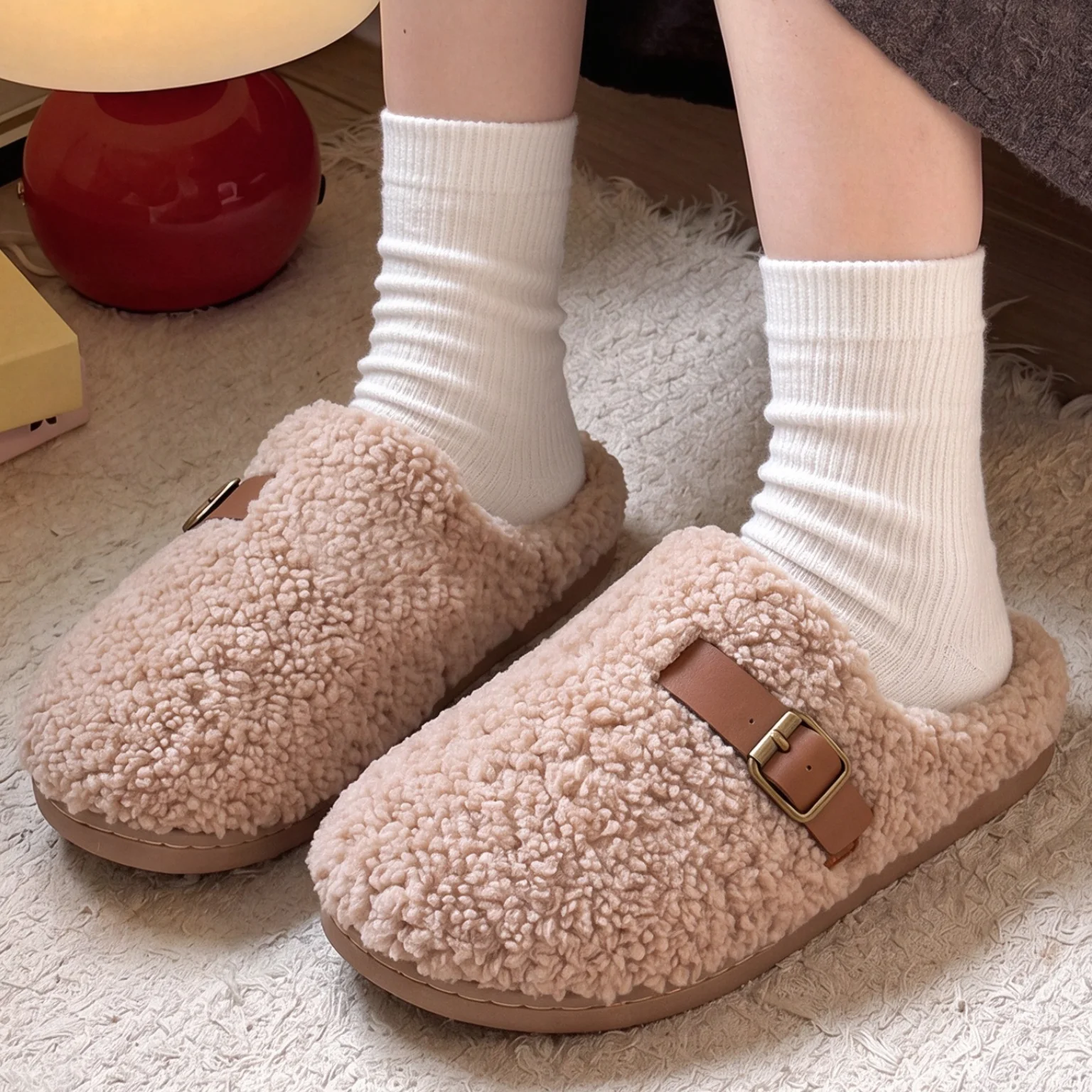 Luxury Furry Fur Lambswool Mules Slippers Woman Winter Brand Belt Buckle Anti Slip House Slides Women Warm Lined Cotton Shoes