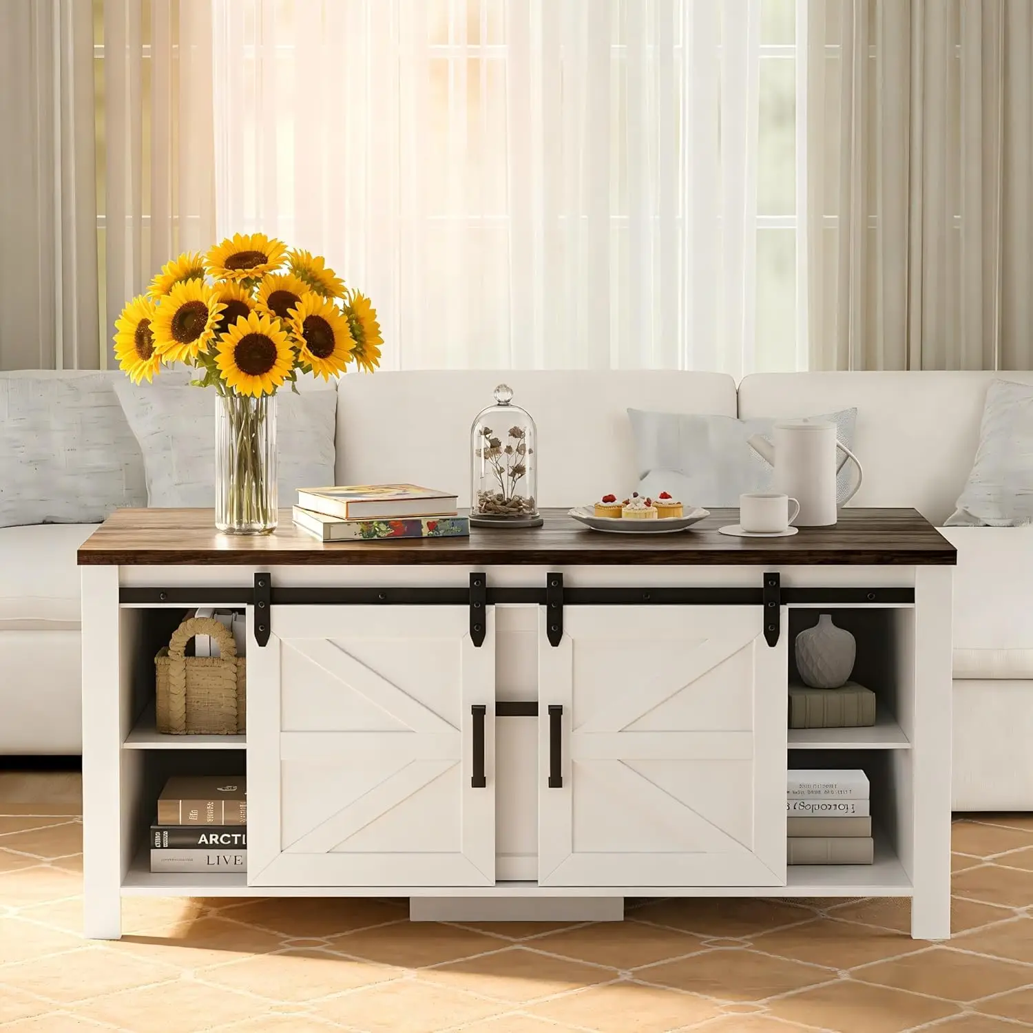 

Farmhouse Coffee Table with Sliding Barn Door and Adjustable Shelf, Antique White