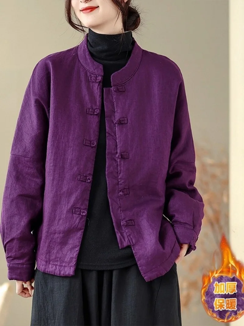 

Фиолетовое короткое стеганое пальто, женская новая универсальная хлопковая куртка в китайском стиле с пряжкой и воротником-стойкой, в стиле ретро w1014