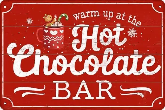 Warm Up At The Hot Chocolate Bar Metal Tin Sign Retro Christmas Decor for Home Kitchen Vintage Hot Cocoa Bar Signs 8x12 Inch