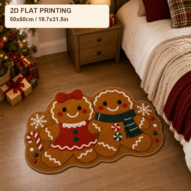 VIKAMA Christmas Couple Gingerbread Man Irregular Floor Mat Cute Snowflake Rug for Bathroom Indoor Xmas Home Decoration