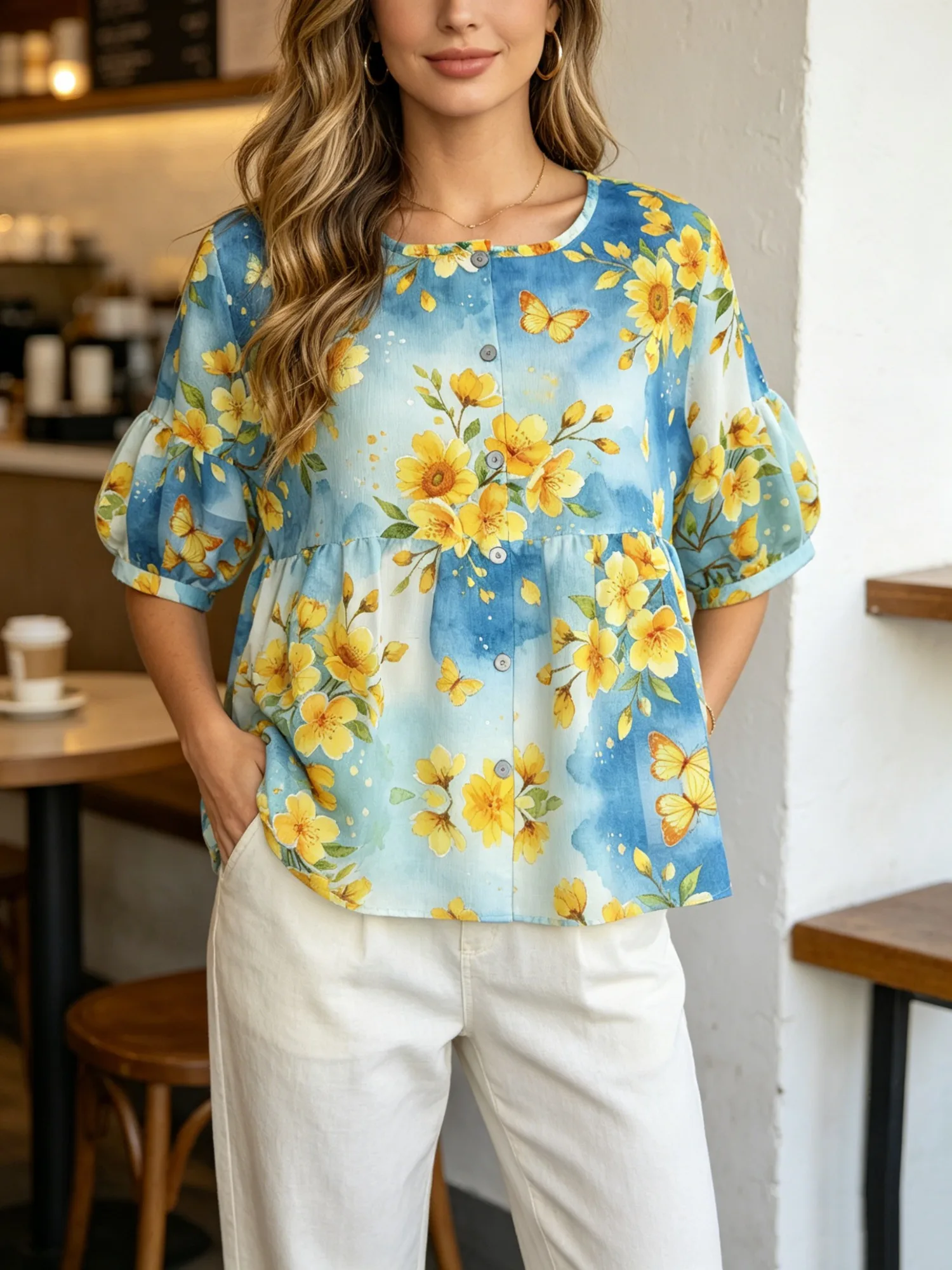 Women Comfort Soft Crew Neck Button Down Blouse Short Puff Sleeve Flowy Babydoll Casual Shirt